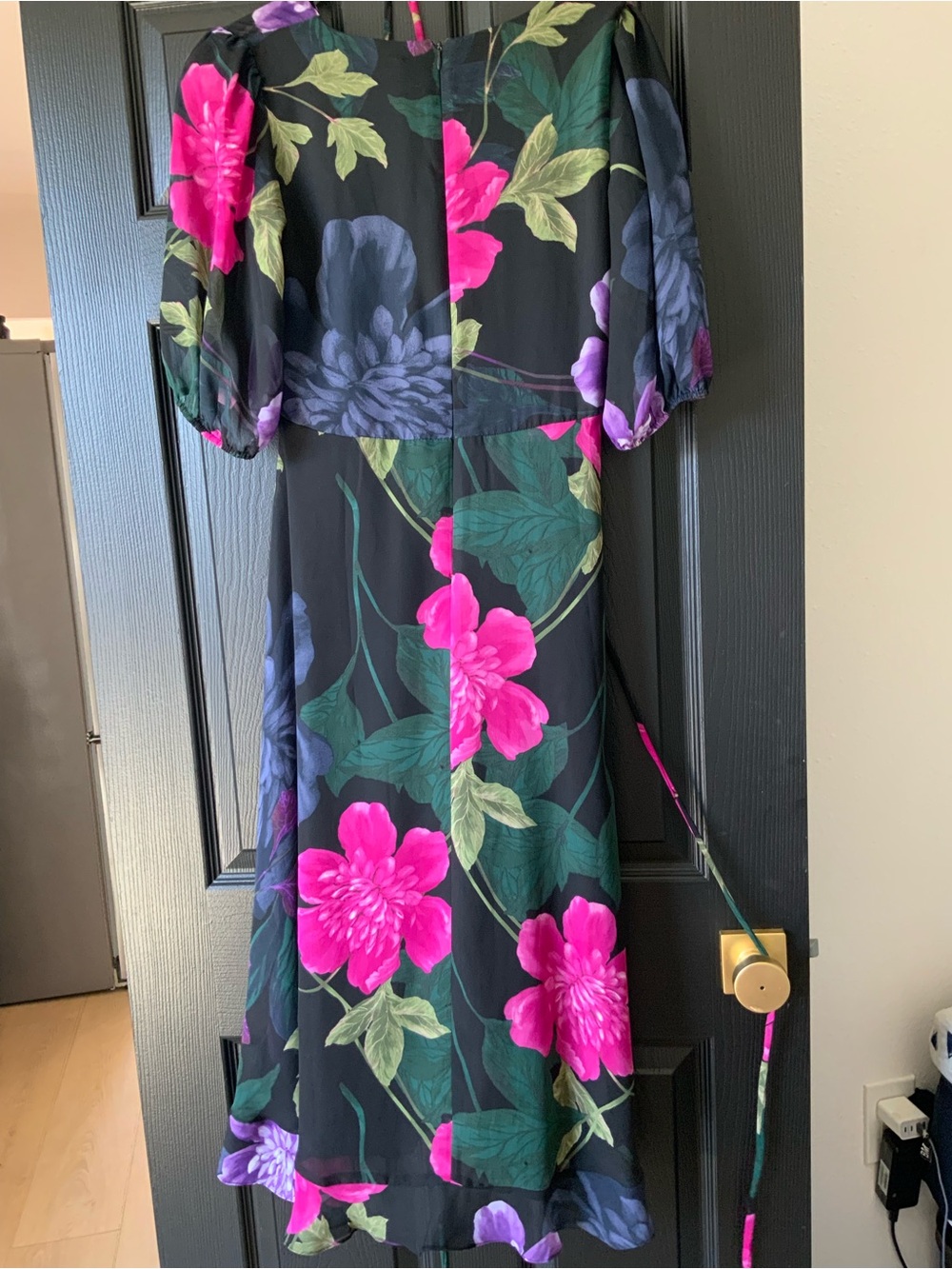 Maison Tara Black Midi Dress with Pink & Purple Floral Print - Picture 2 of 5